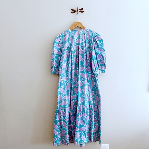 Vintage Pastel Blue & Purple Leaf Print Midi Dress - Picture 7 of 7